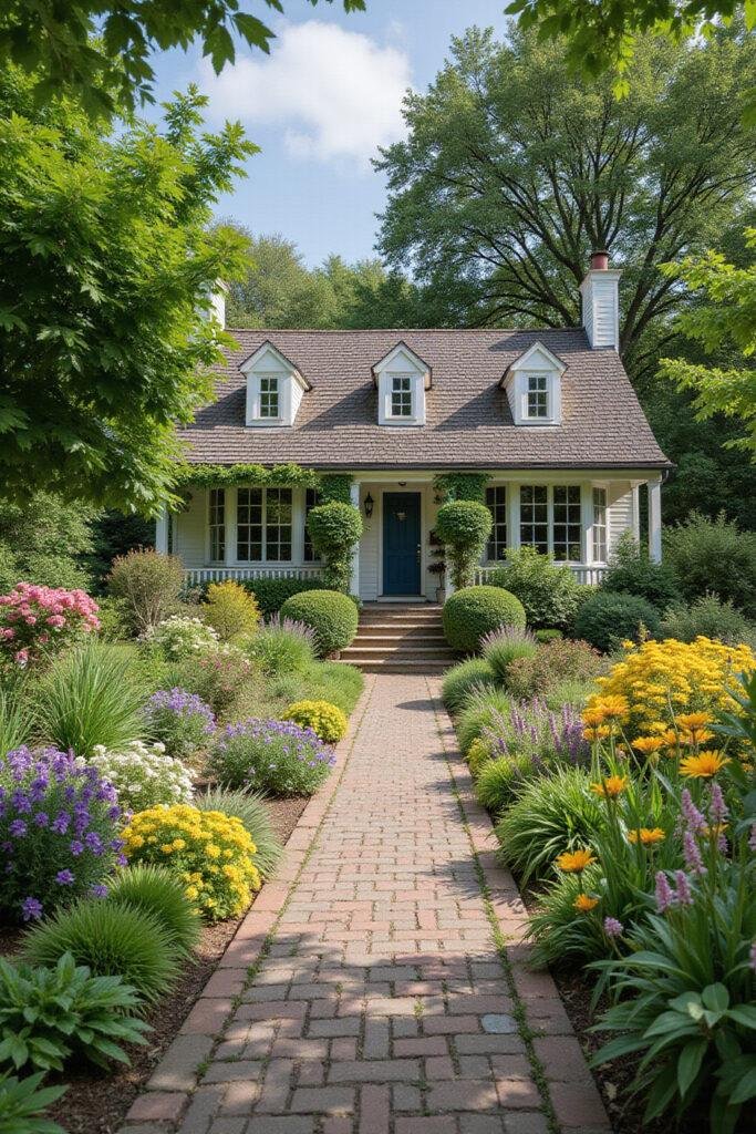 A picturesque cottage garden pathway with vibrant flowers and green plants under bright daylight