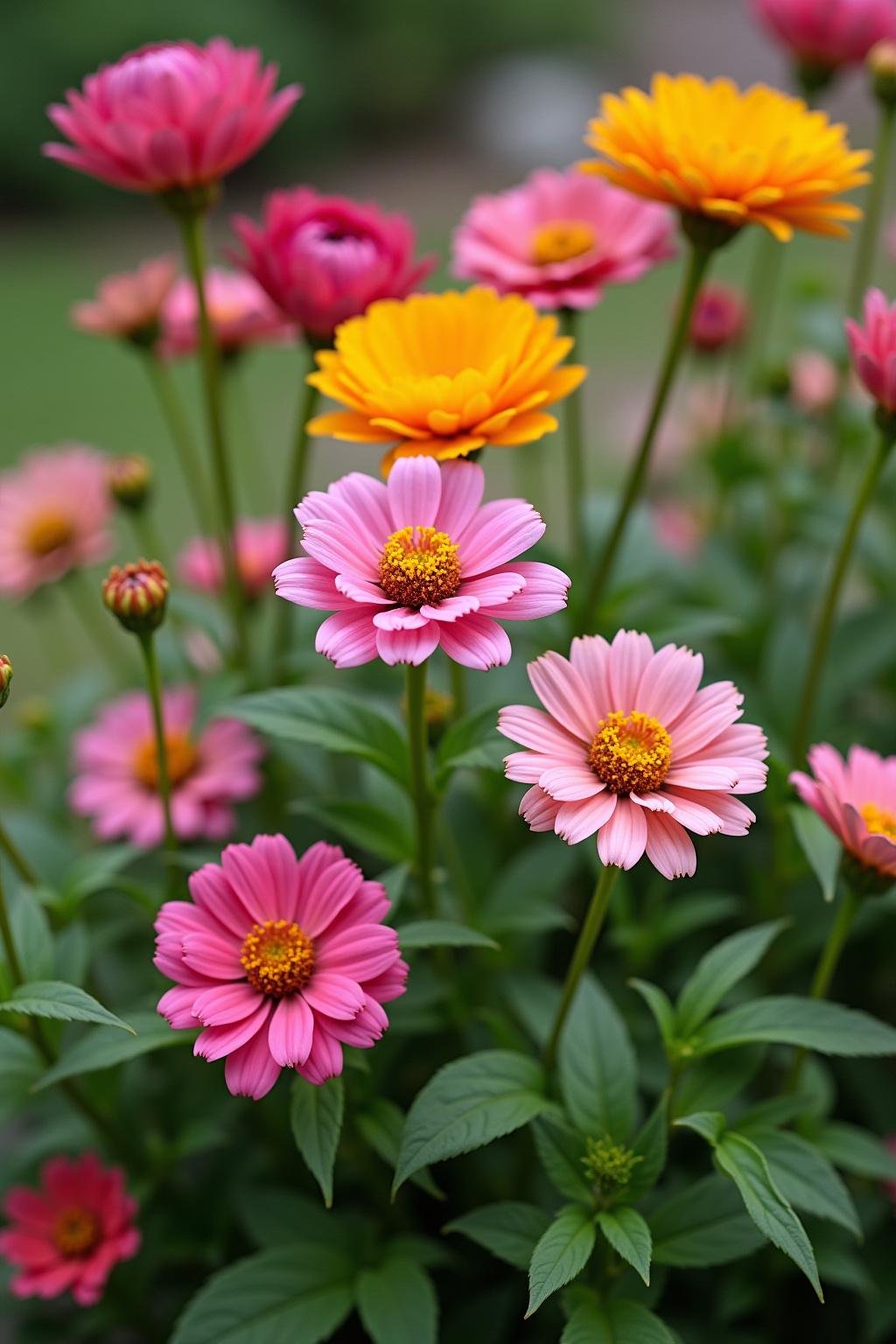 Close-up of a cottage garden flower bed featuring colorful blooms like roses and daisies