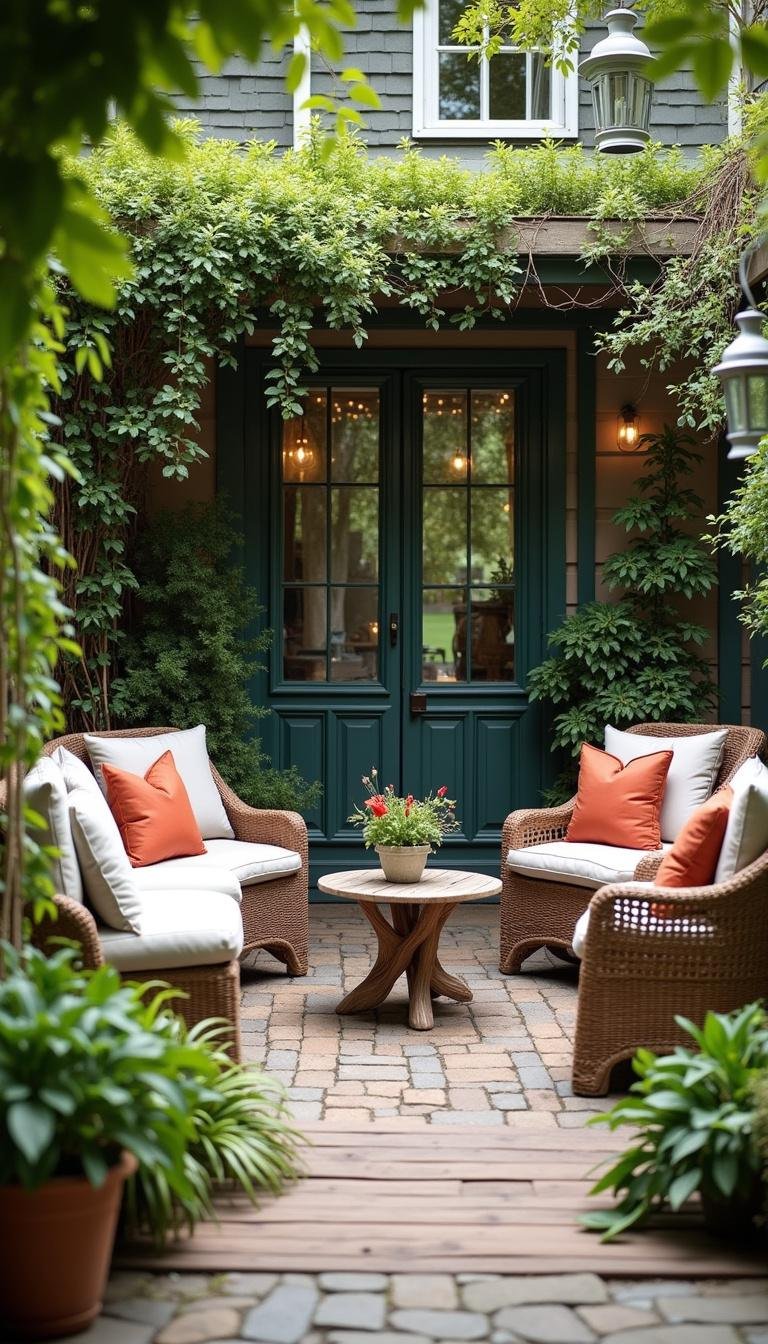 Rustic outdoor seating area in a cottage garden with plants and lanterns for a cozy atmosphere