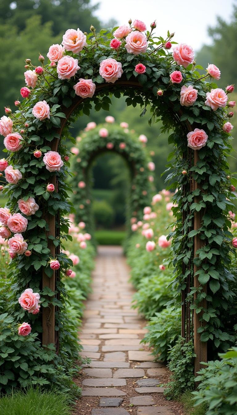 A vintage garden arch with climbing roses and greenery, perfect for cottage garden aesthetics