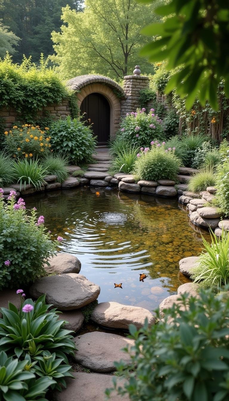 A tranquil cottage garden pond with butterflies, surrounded by greenery and flowers for outdoor beauty