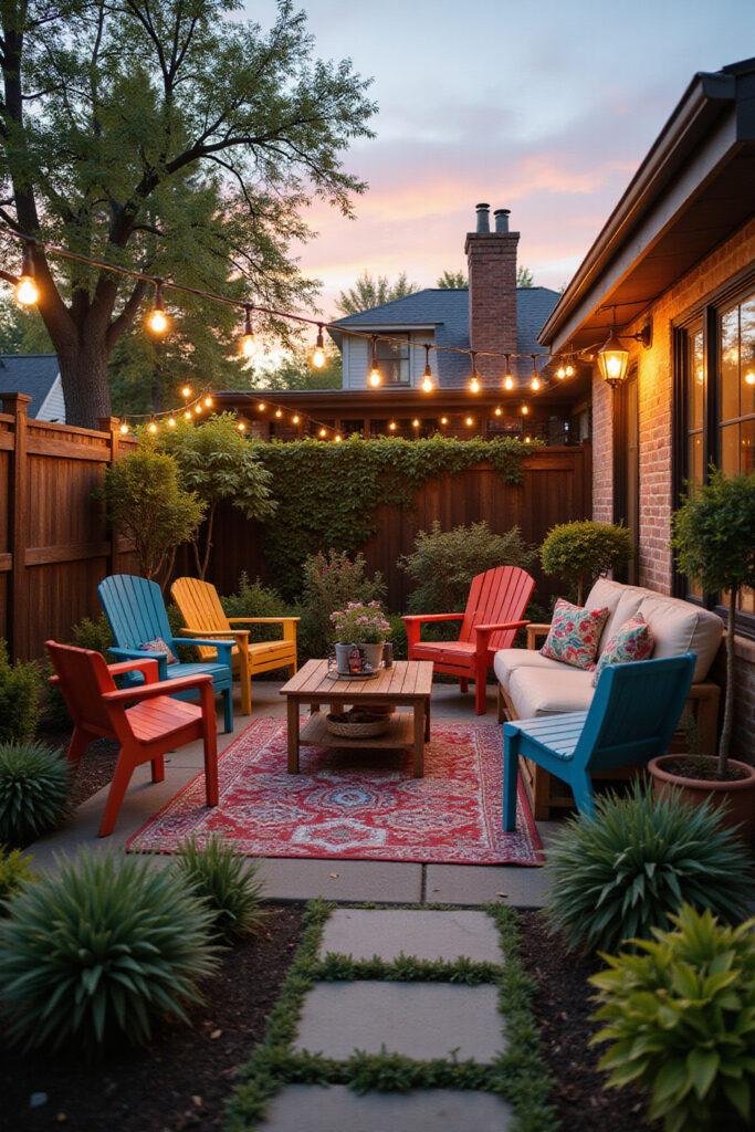 A cozy backyard patio with colorful furniture and string lights during sunset, demonstrating budget-friendly decor ideas
