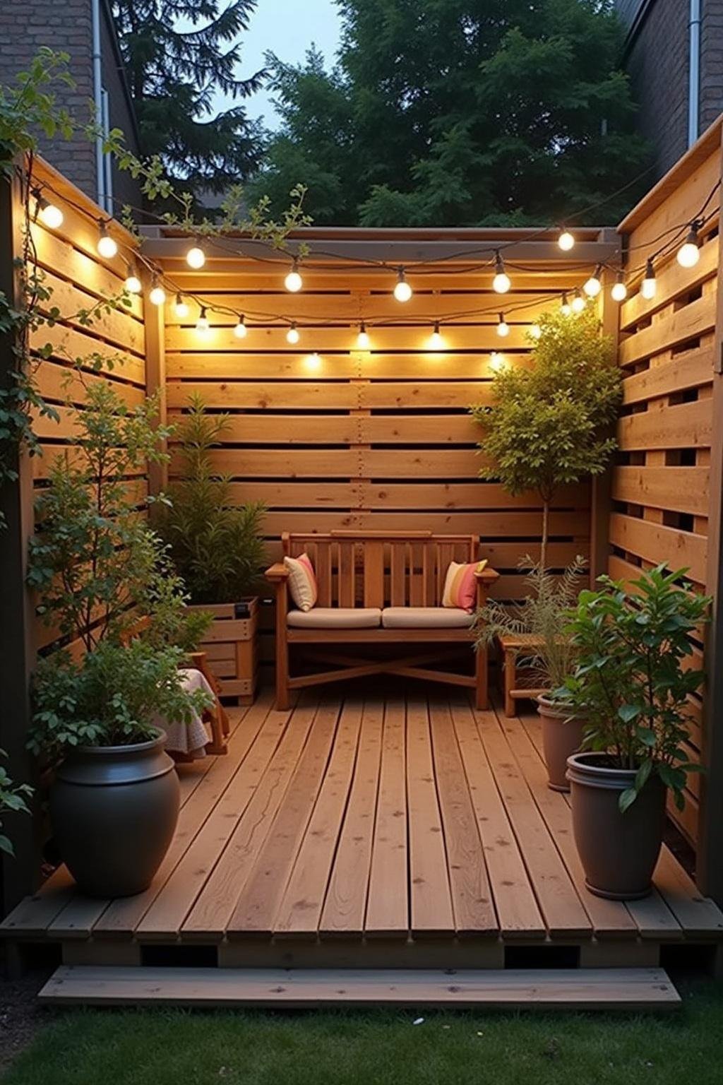 Une patio en bois de palettes DIY ornée de plantes en pot et de petites lumières, présentant des idées de patio économiques