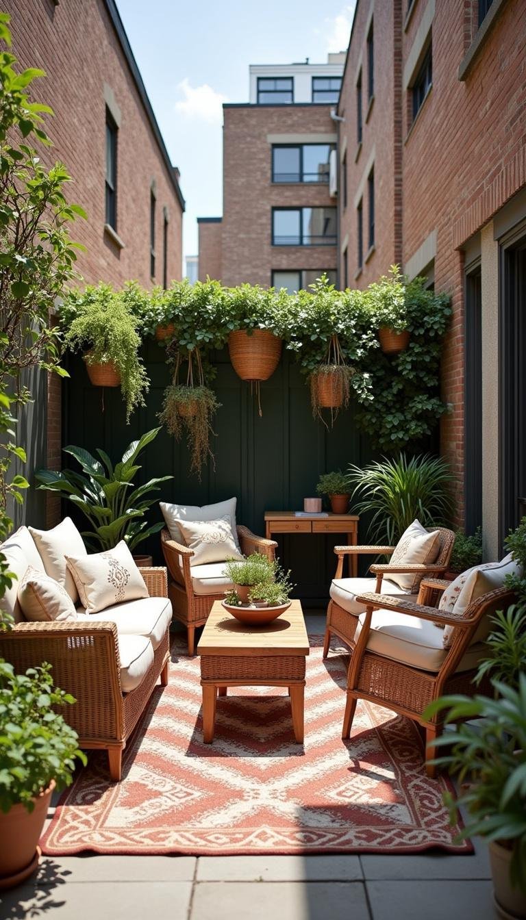 Une patio urbaine avec des meubles abordables, des plantes suspendues et des tapis extérieurs, offrant une inspiration patio économique