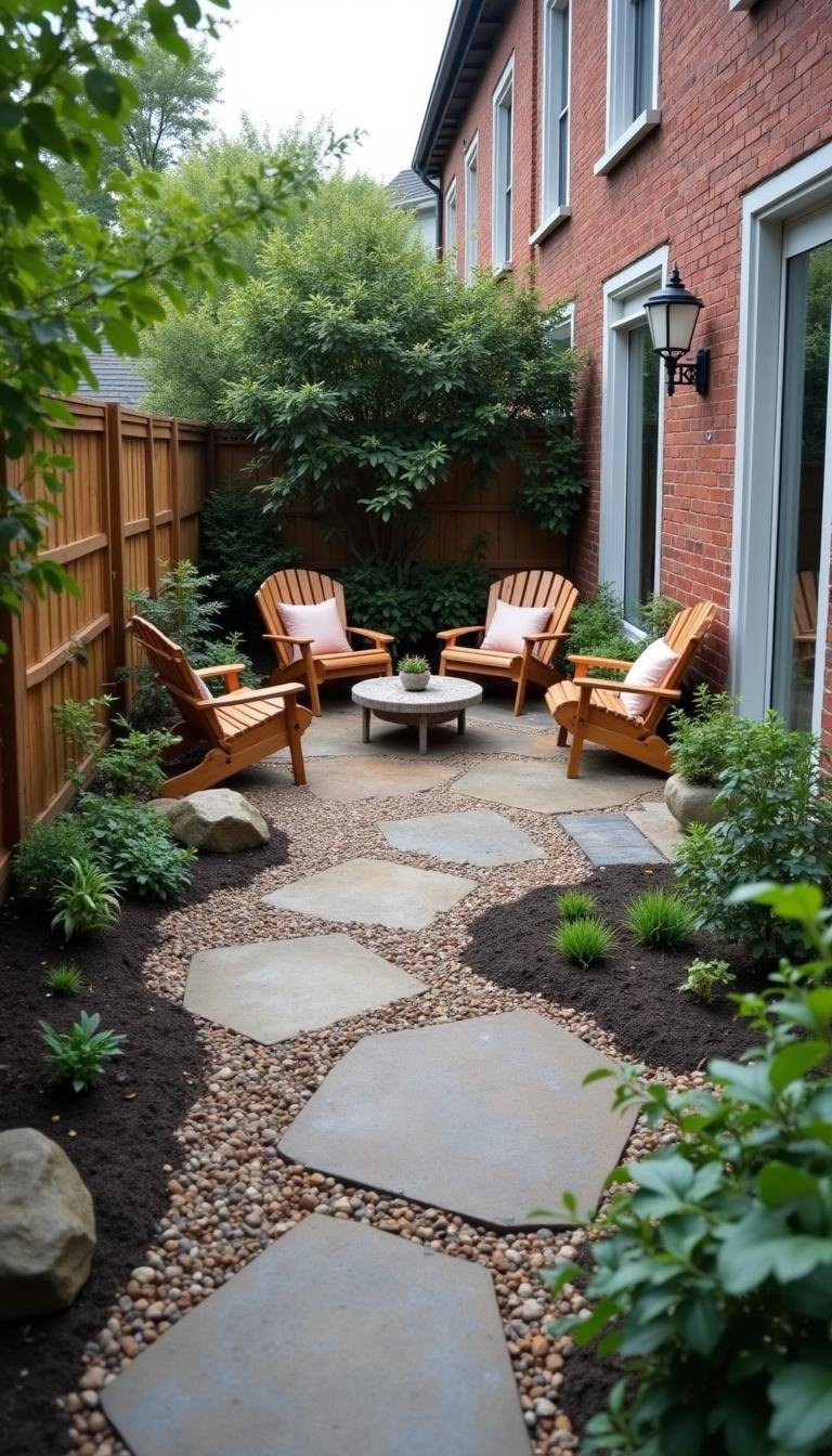 Une petite parterre de jardin présentant des chemins de pierres DIY, des meubles recyclés et des lumières solaires pour une apparence écologiquement consciente