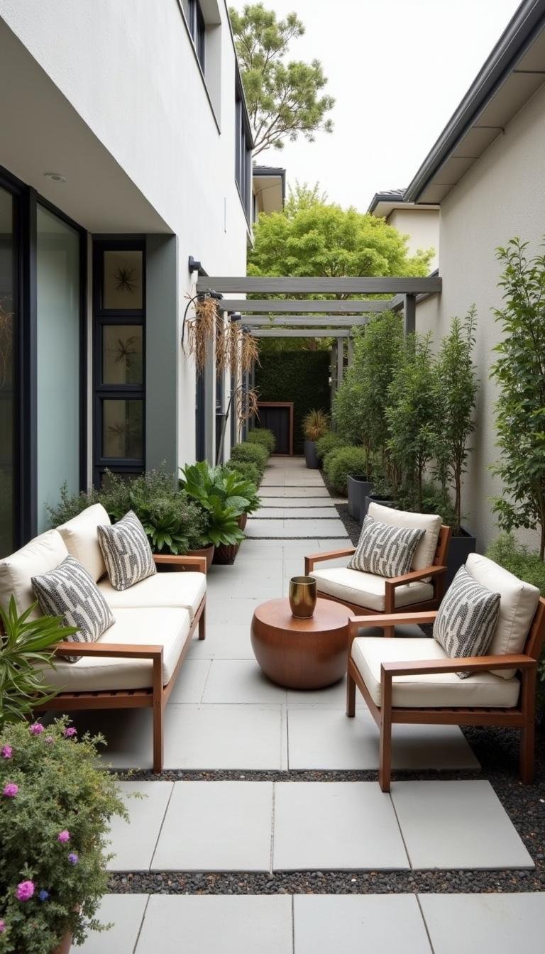 Une Patio Minimaliste Moderne avec des Sièges Abordables, des Pots Géométriques et une Décoration Extérieure, Démontrant un Design Économique