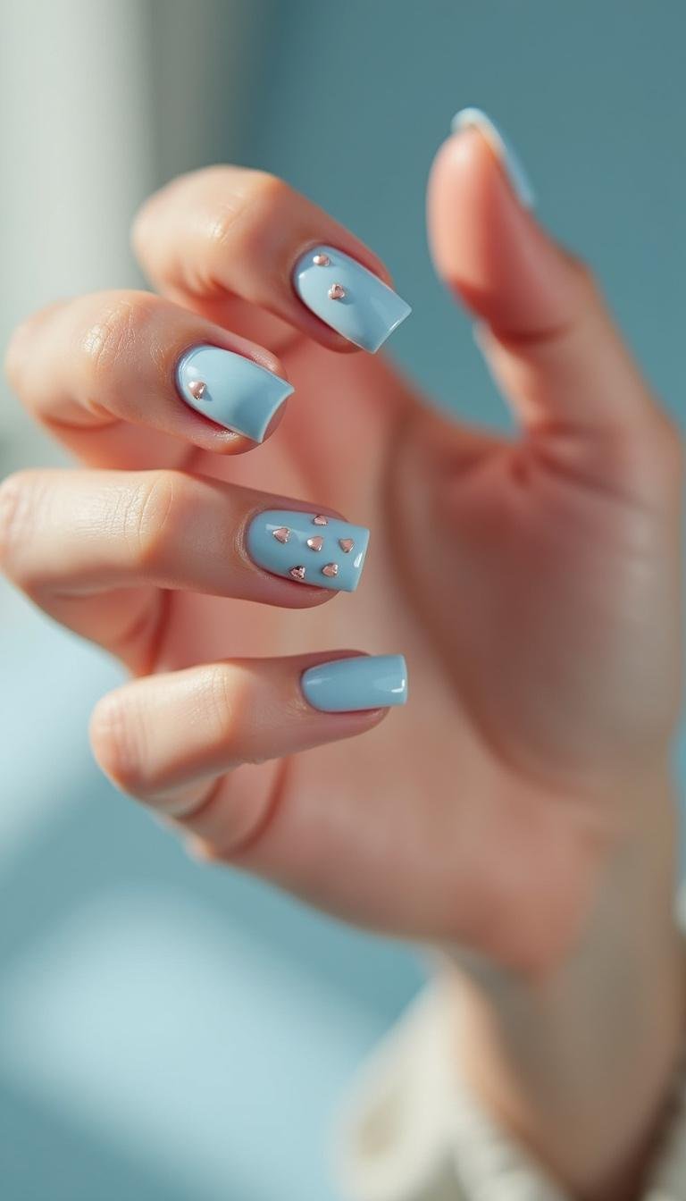 Short light blue nails with heart decals on a bright background, showcasing a fun manicure