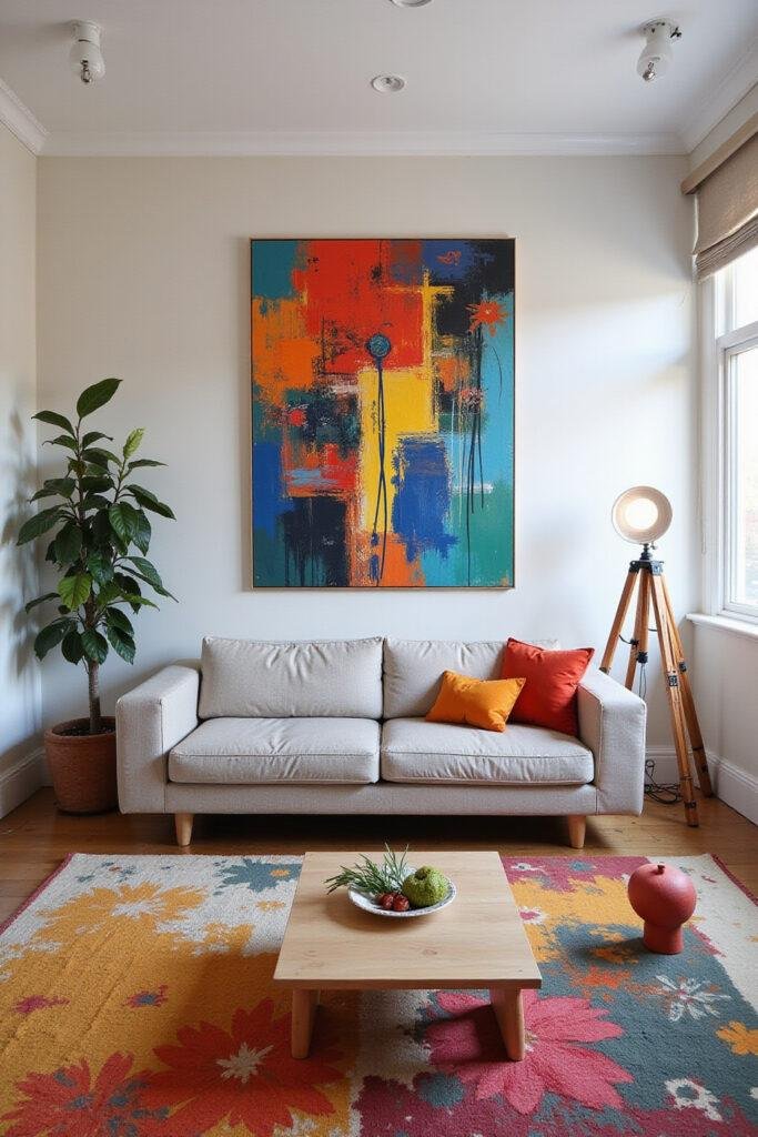 Modern living room featuring a vibrant abstract pole painting on the wall