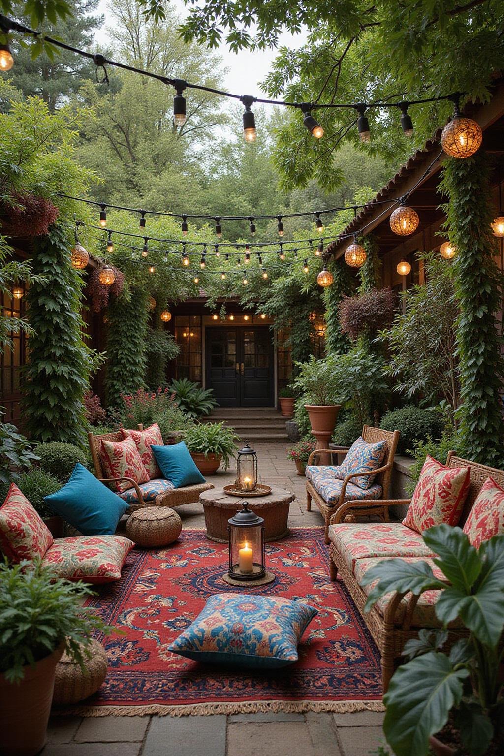 Vibrant bohemian garden featuring cozy seating, hanging lanterns, and decorative textiles creating a relaxed atmosphere