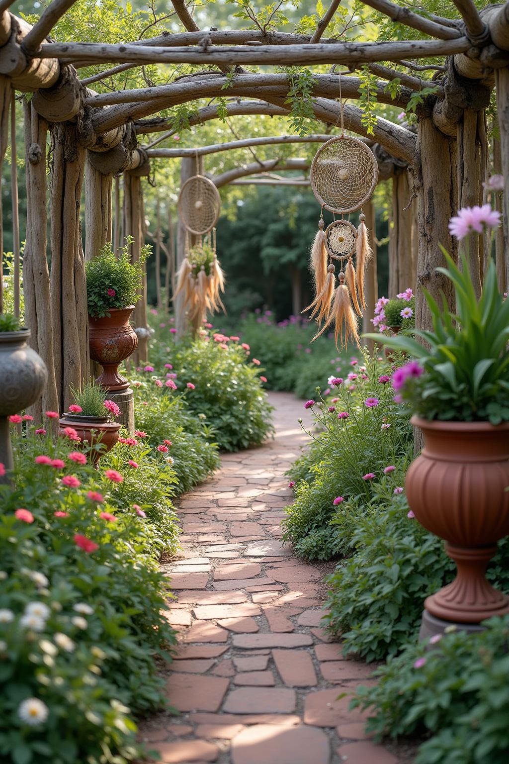 Decorative bohemian garden pathway with wildflowers, antique pots, and dangling dreamcatchers for a free-spirited vibe
