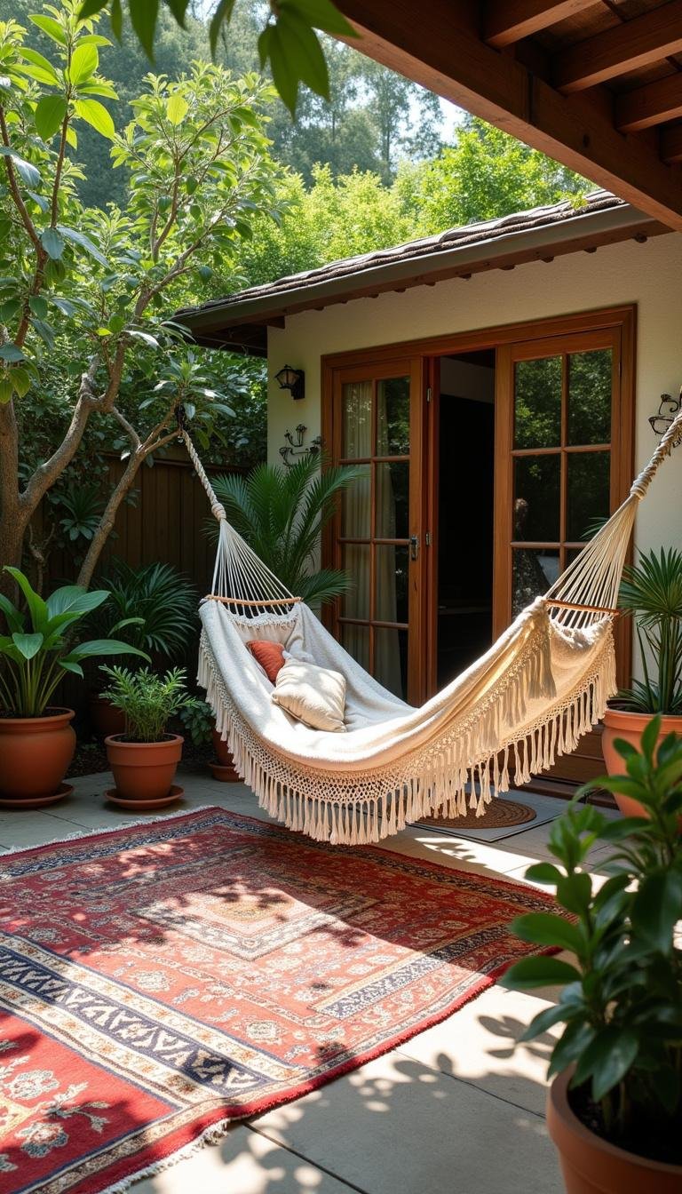 Calm bohemian outdoor space with hammock, colorful rugs, and lush potted plants perfect for relaxation