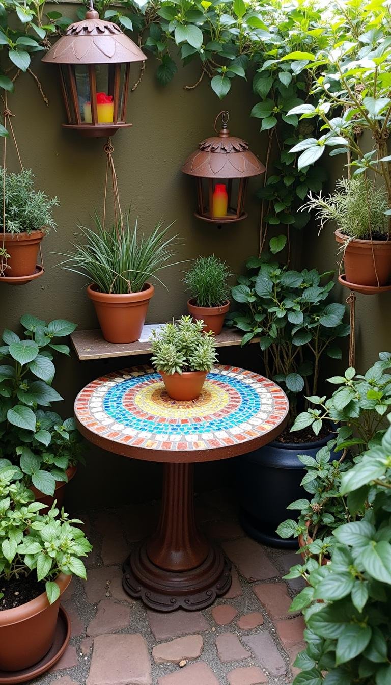 Charming bohemian garden nook with mosaic table, hanging lanterns, and creative plant displays
