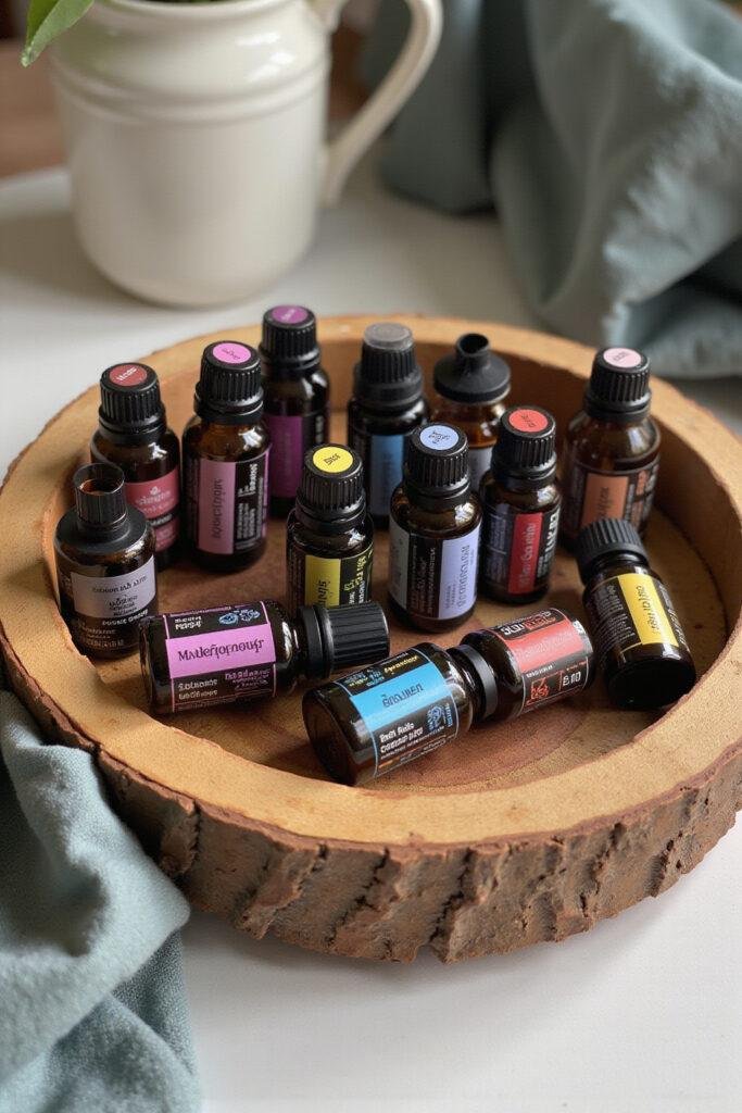 Essential oil bottles with colorful labels arranged on a wooden tray, ideal for gift-giving to oil lovers