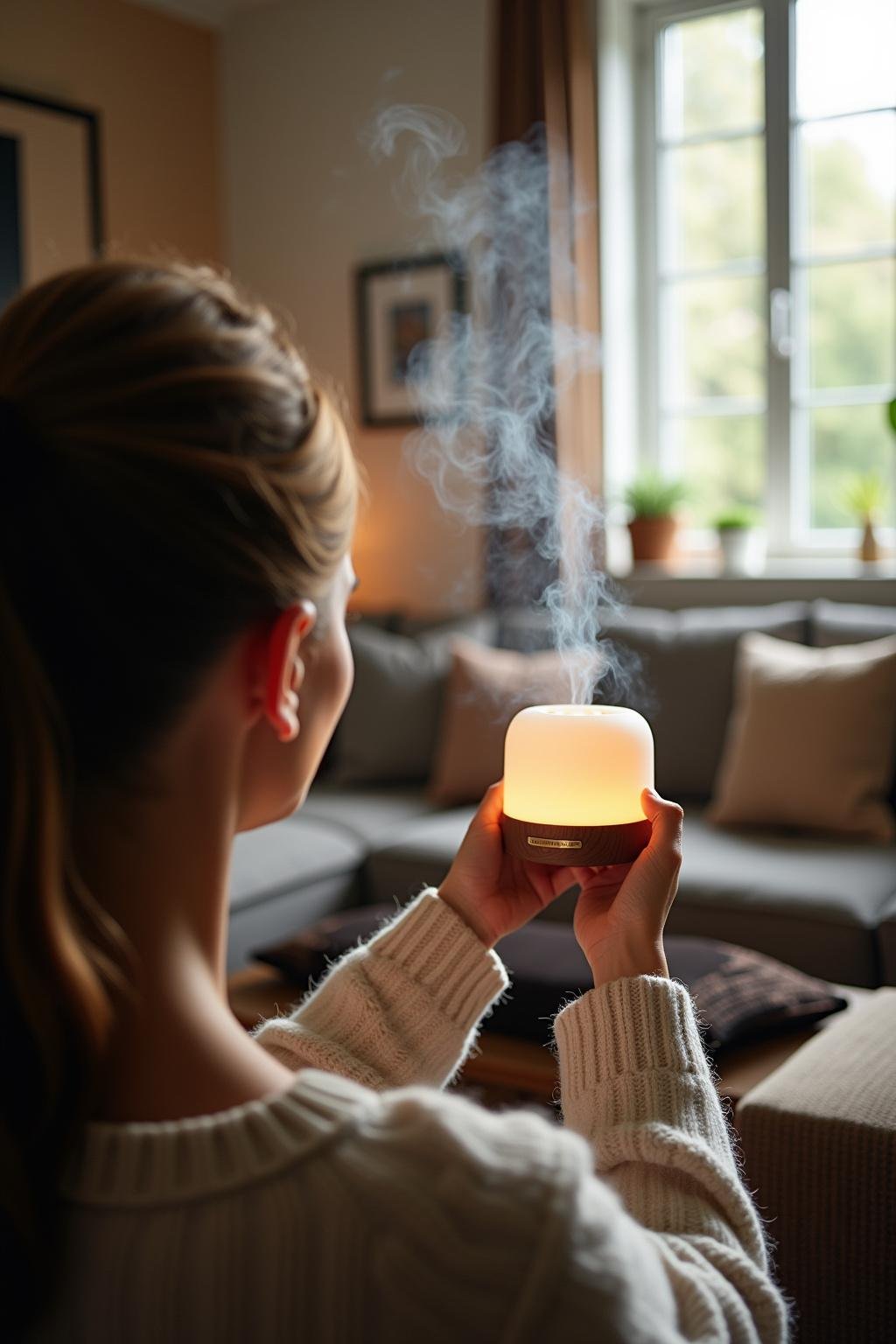 A diffuser emitting aromatic vapor in a living room, perfect for essential oil enthusiasts