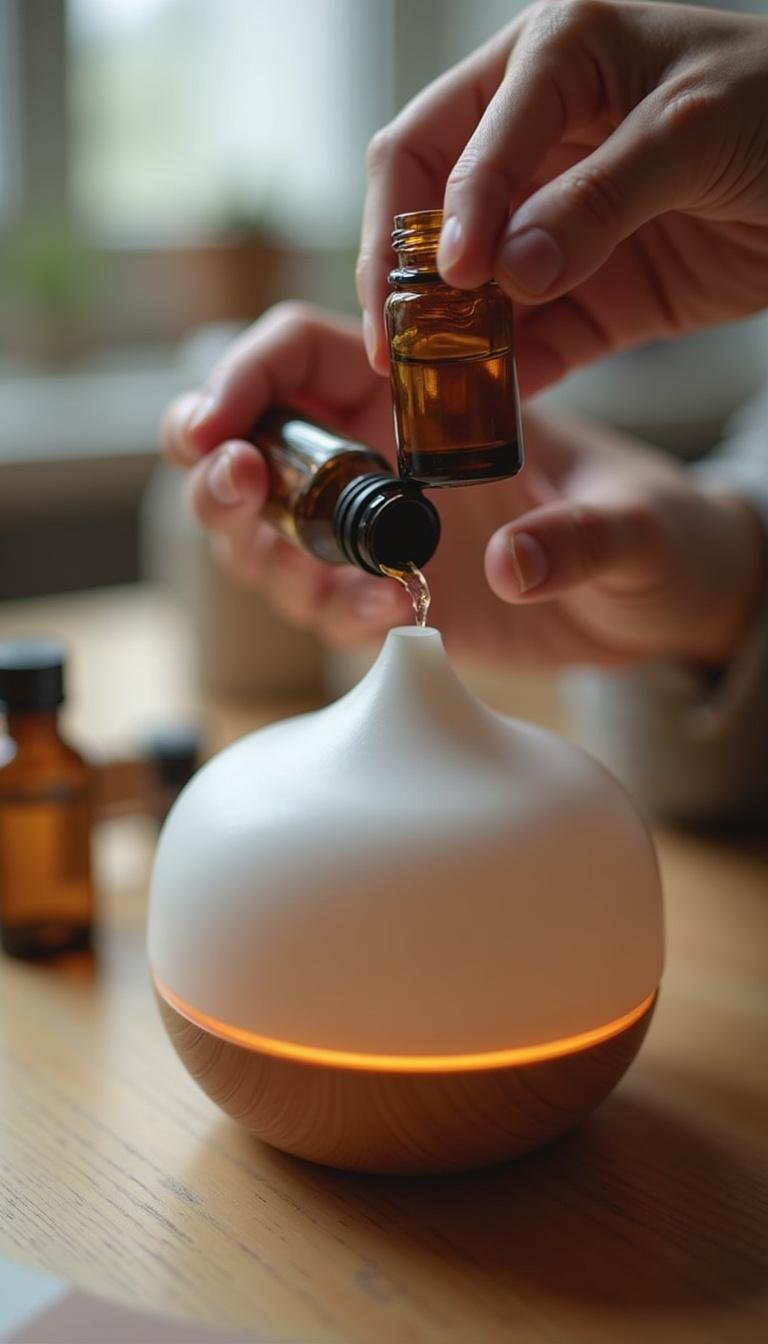 Hands pouring essential oil into a diffuser, demonstrating aromatherapy practices