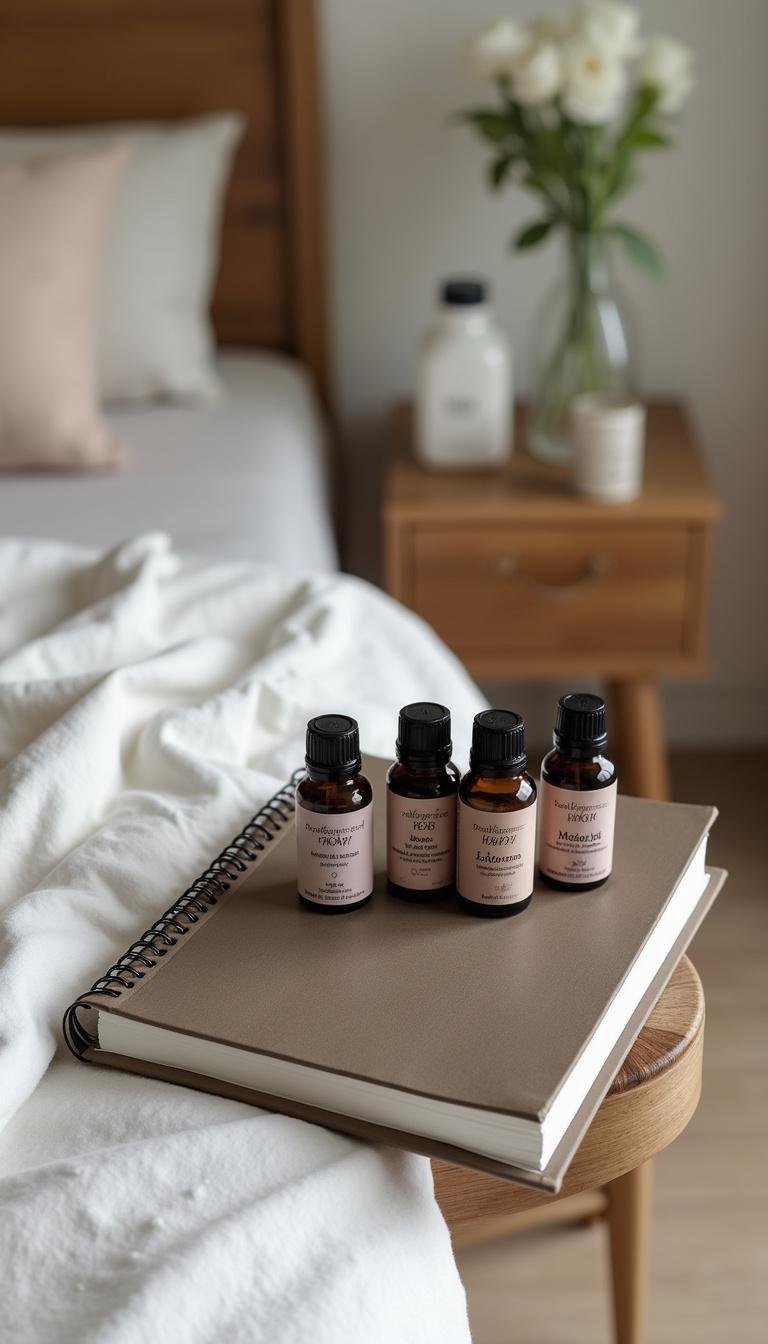 Aromatherapy journal with essential oils on a bedside table, ideal for gift ideas for oil lovers