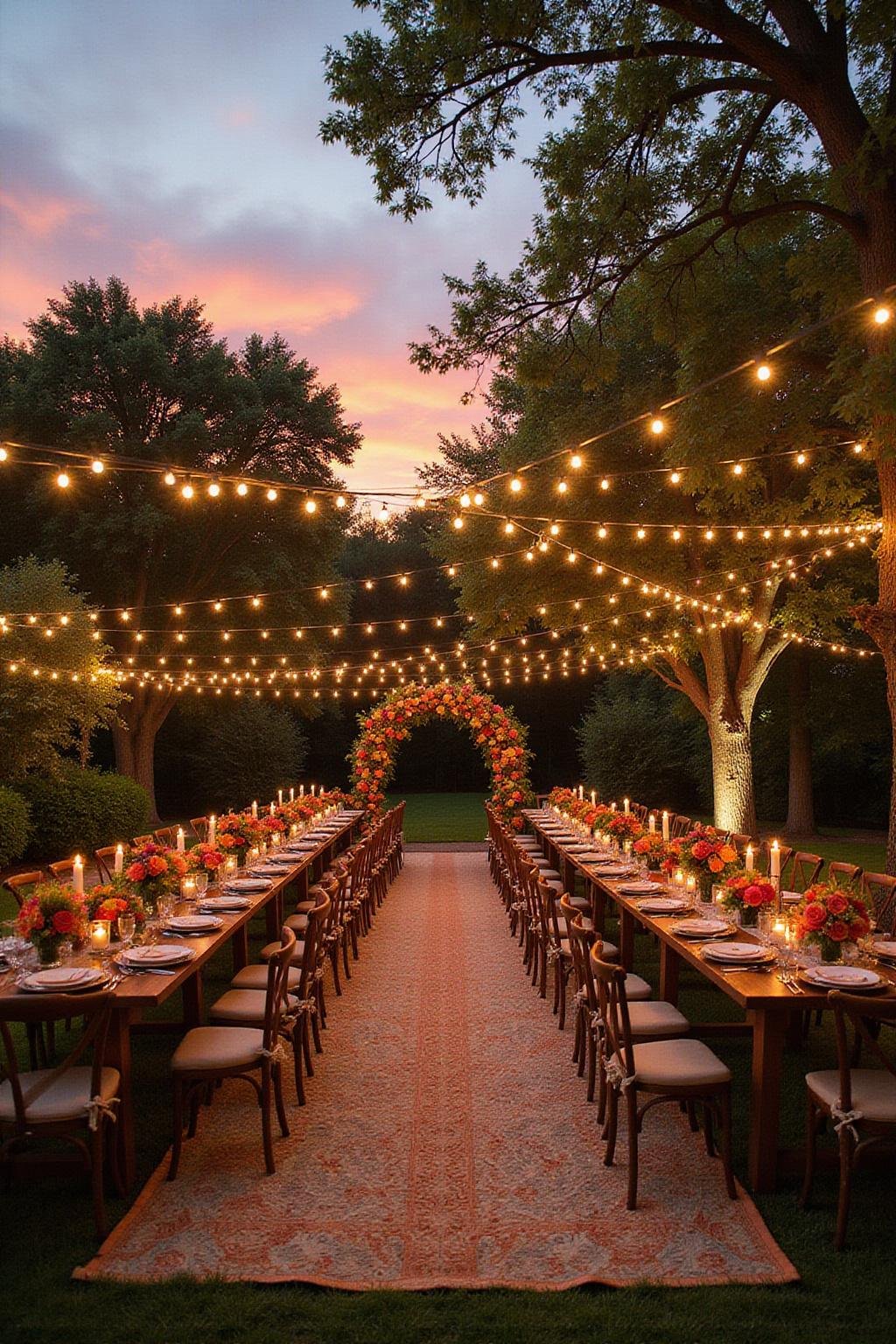 Beautiful outdoor celebration decor featuring flowers and string lights at sunset