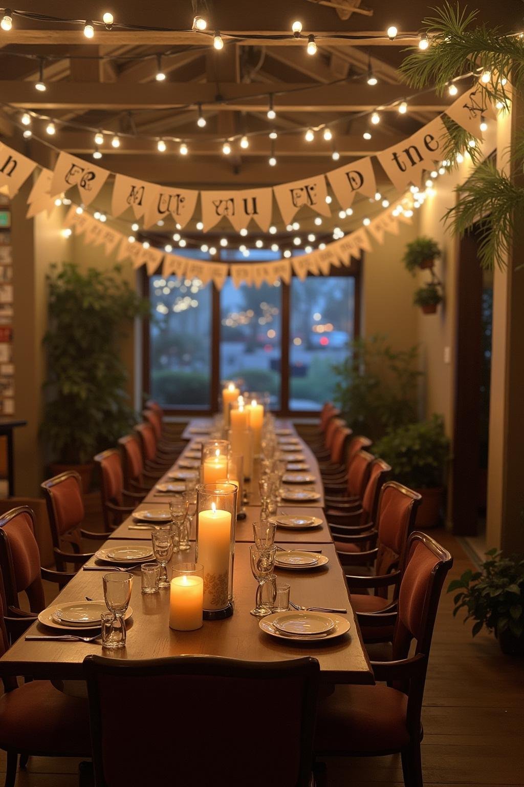 Indoor celebration decor with vintage style, personalized banners, candles, and fairy lights