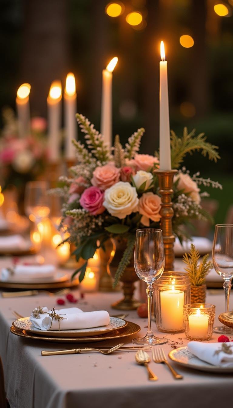 Decorative table centerpiece with flowers and candles for a life celebration party