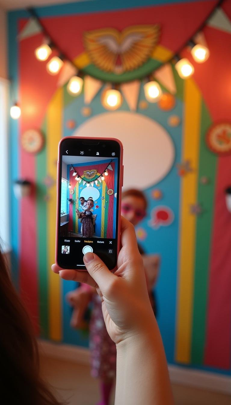 Photo booth setup with banners and props for celebrating life event
