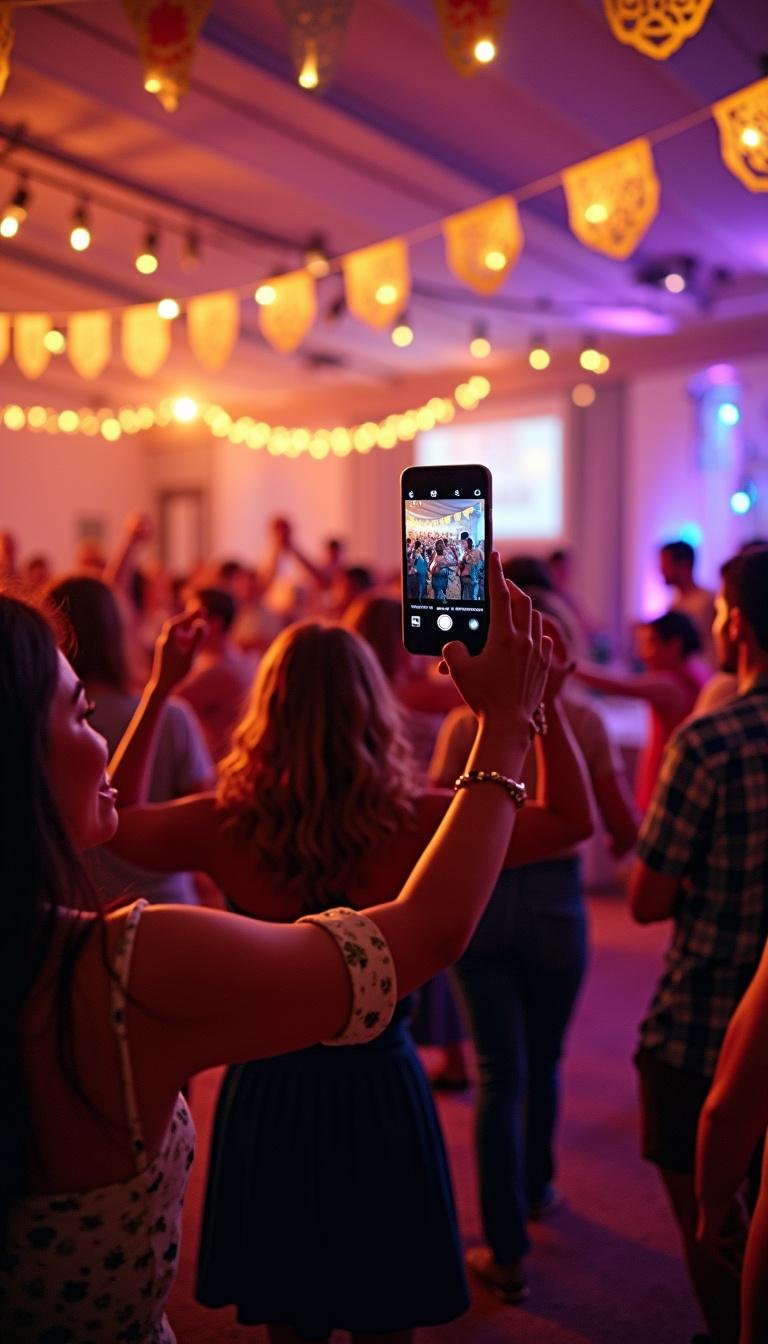 Happy people dancing at a celebration of life event with colorful decorations