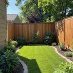 DIY outdoor privacy fence with wooden pallets and lush plants in a sunny backyard