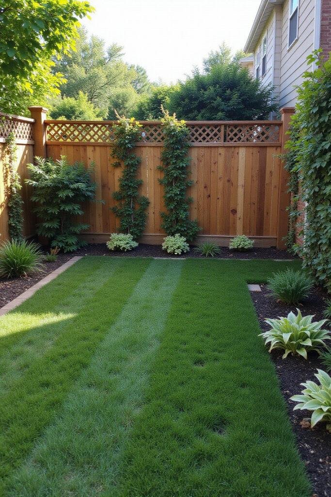 A backyard with a tall wooden fence covered in climbing plants providing privacy from onlookers