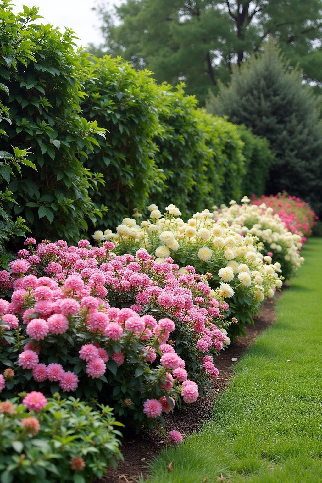 Bright flowering shrubs line a yard's boundary, offering natural privacy and visual concealment