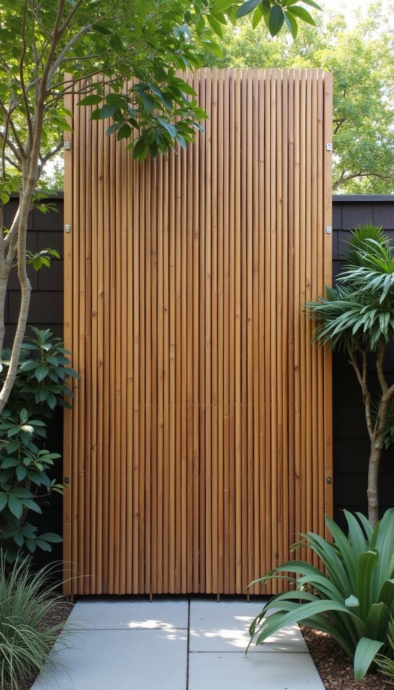 A contemporary bamboo privacy fence in a garden setting that keeps curious eyes out