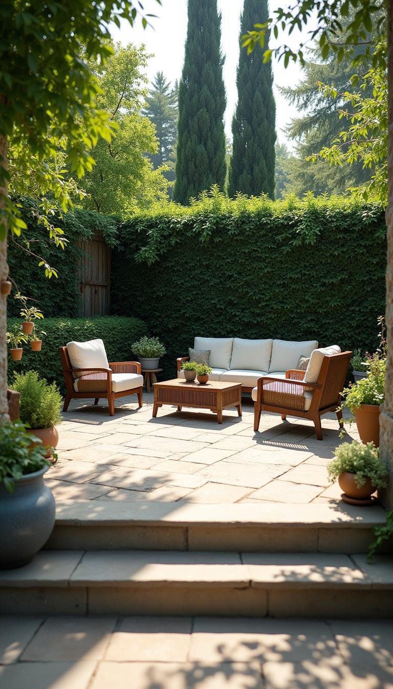 A private backyard with a hedge wall, outdoor furniture, and lush plants creating a secluded environment