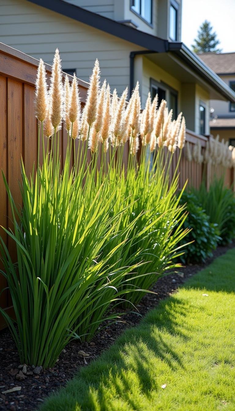 Family members planting ornamental grasses along a yard boundary to enhance privacy naturally