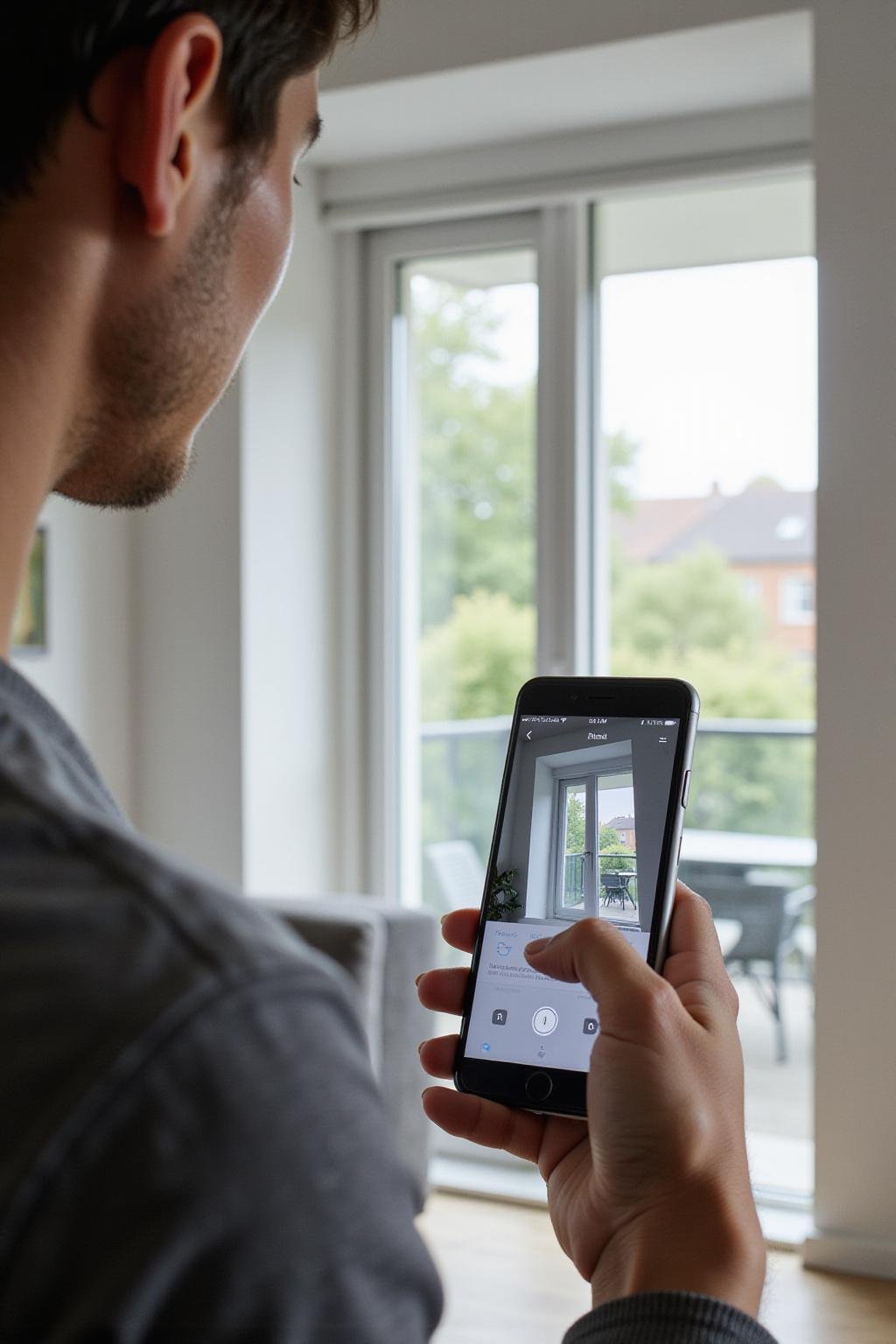 Smartphone controlling modern window blinds in a contemporary living room