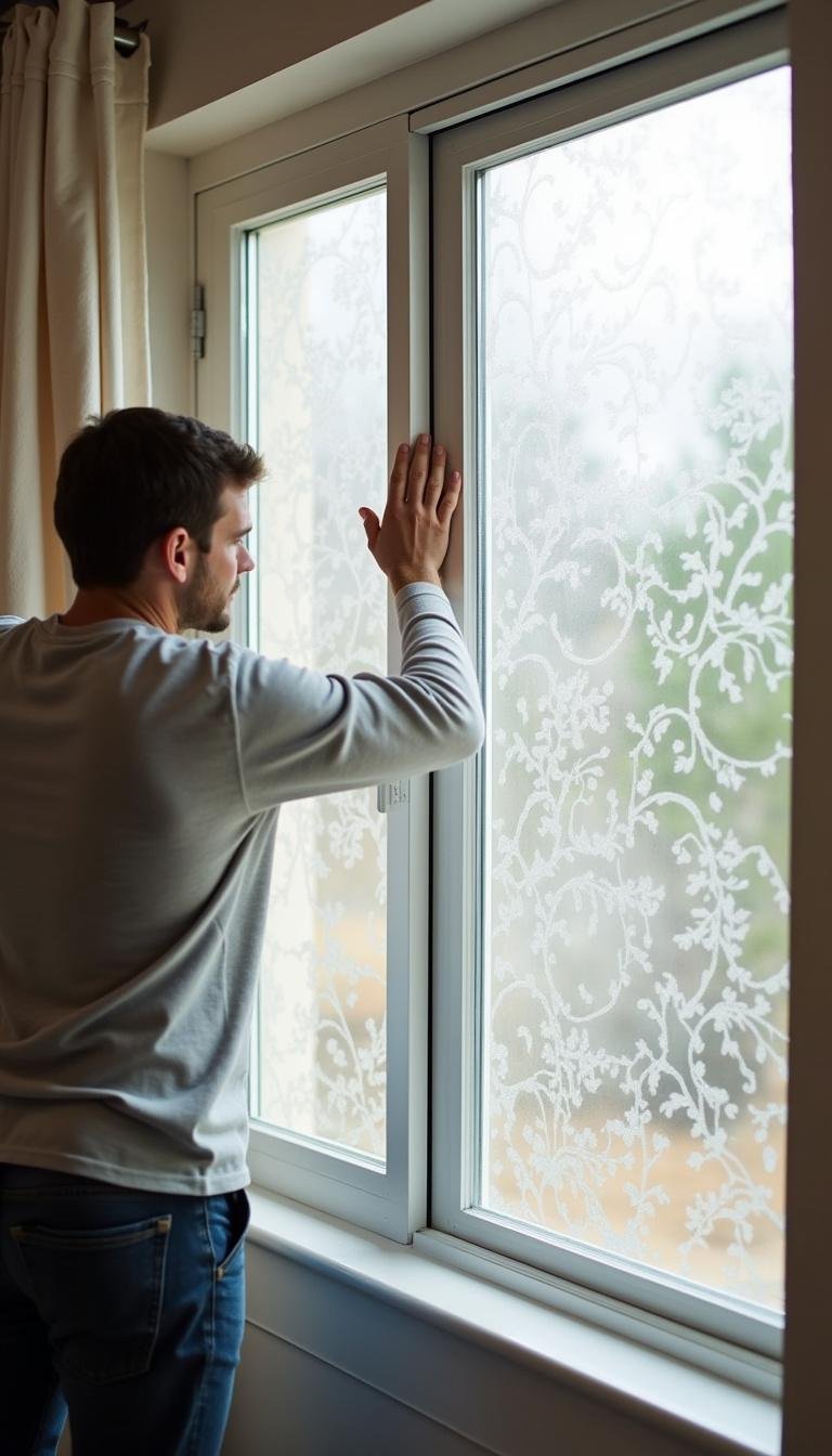Person applying frosted glass film on window for privacy in a modern home