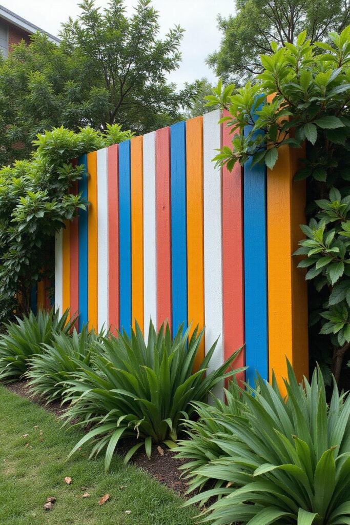 Stylish and affordable painted wood garden wall with plants and flowers nearby