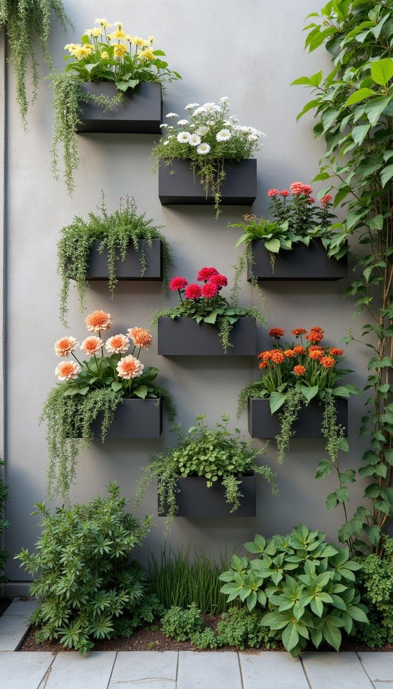 Simple concrete garden wall featuring built-in vertical planters with blooming plants