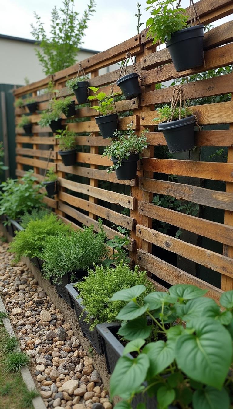 DIY wooden pallet garden wall with climbing vines and decorative hanging flower pots