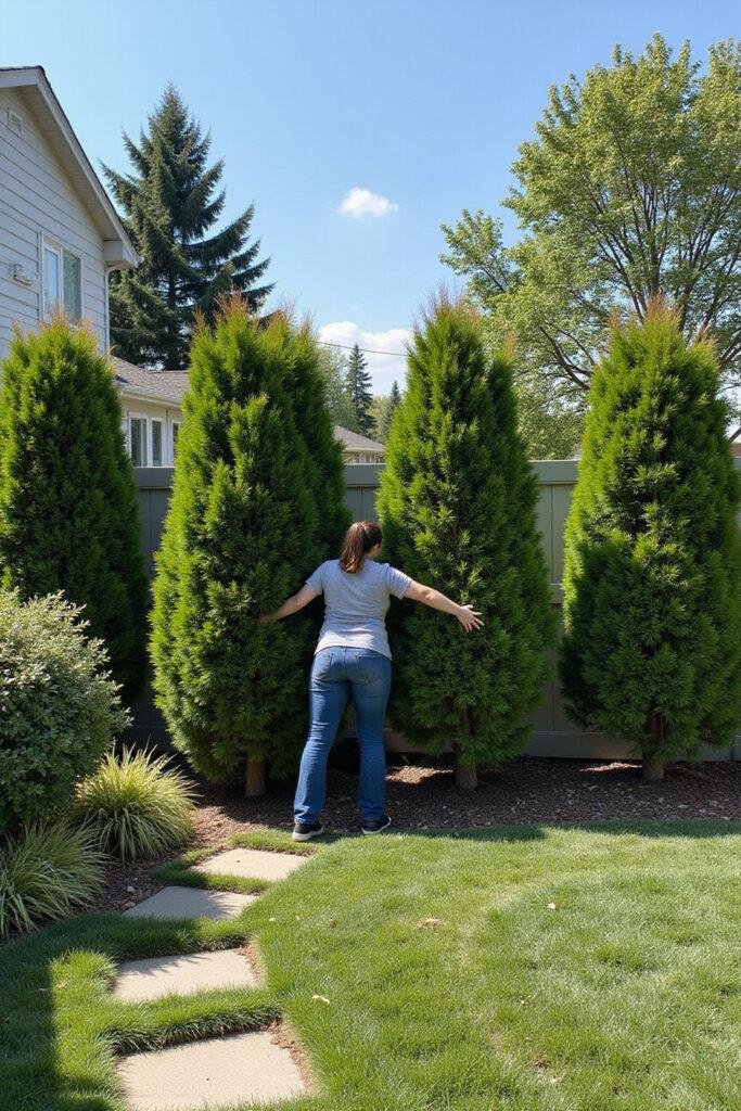 Individual planting privacy hedges in their garden to block neighbor's view cheaply