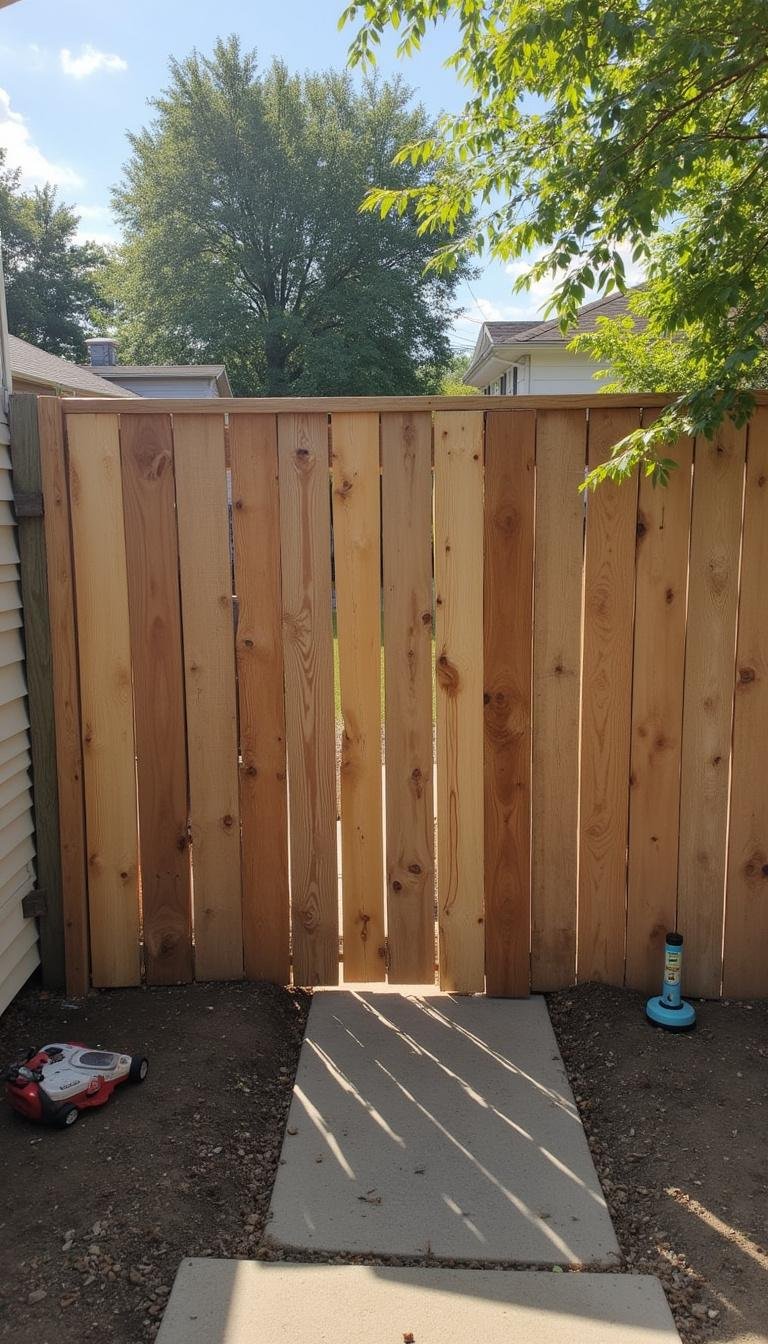 Person building a cheap privacy fence with reclaimed wood in their backyard