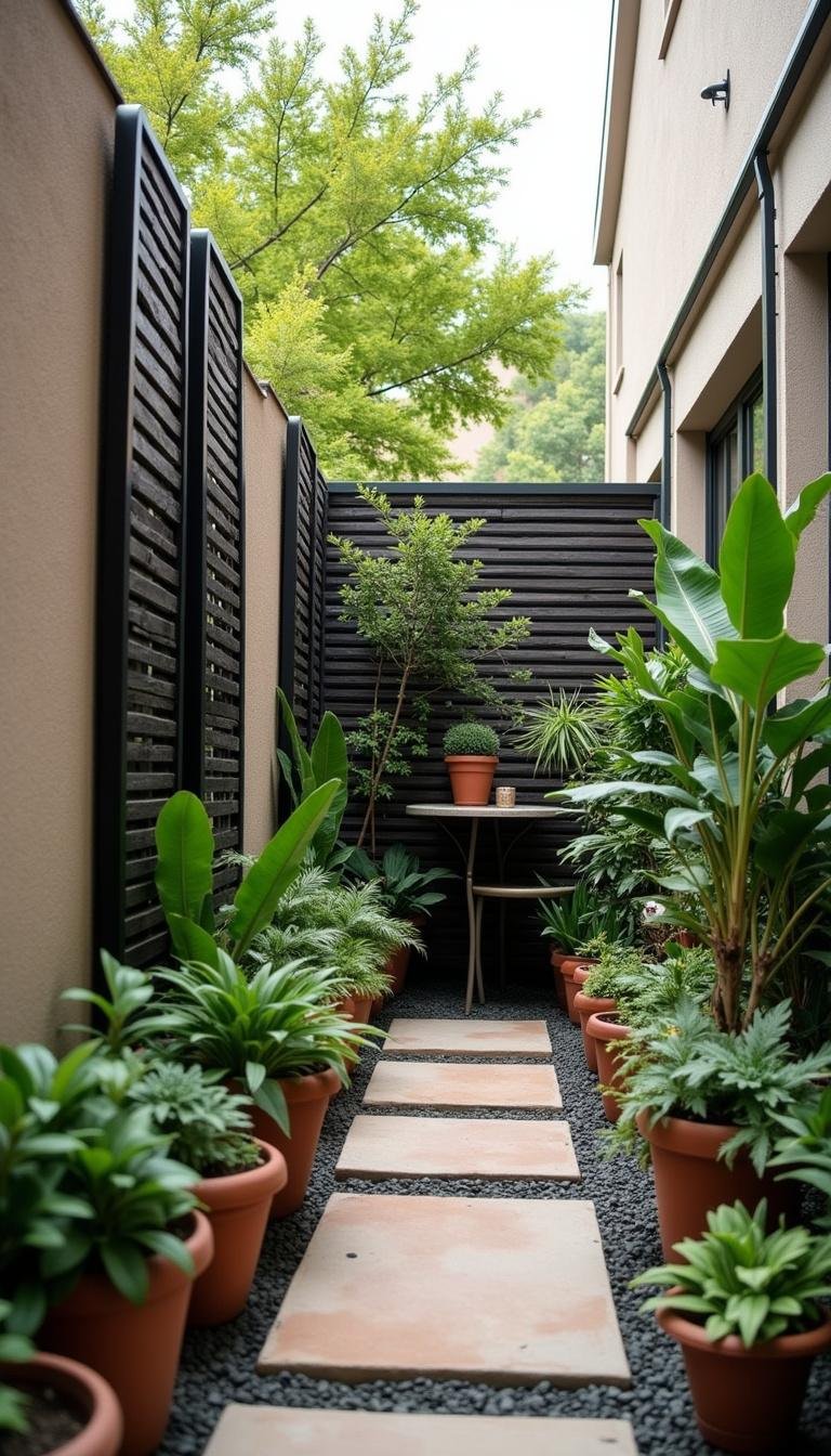 Individual arranging potted plants and screens to create privacy in a small outdoor space