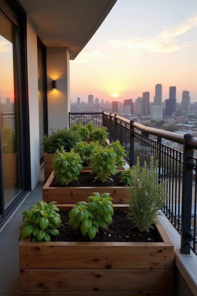 Cozy balcony herb garden with wooden planters containing basil, thyme, and rosemary, overlooking city skyline at sunset