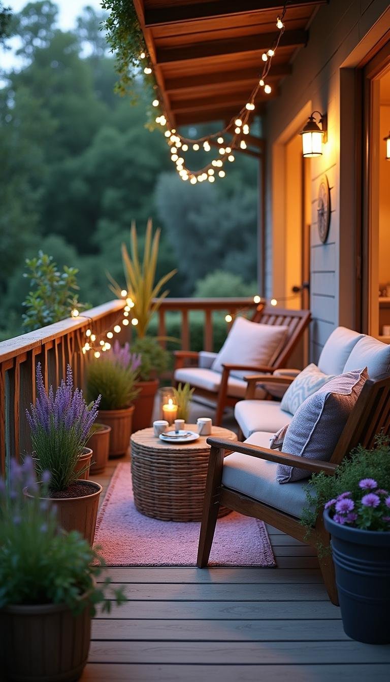 Refuge de balcon avec un espace assisse, des plantes en pot de lavande et de sauge, et des loupiotes pour une atmosphère relaxante