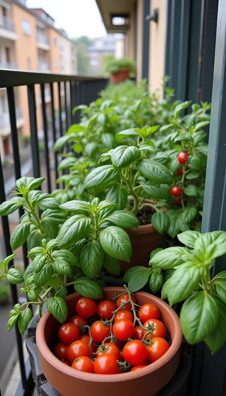 Jardin d'herbes sur balcon urbain avec des lits surélevés, des tomates cerises, du basilic et de la décoration extérieure