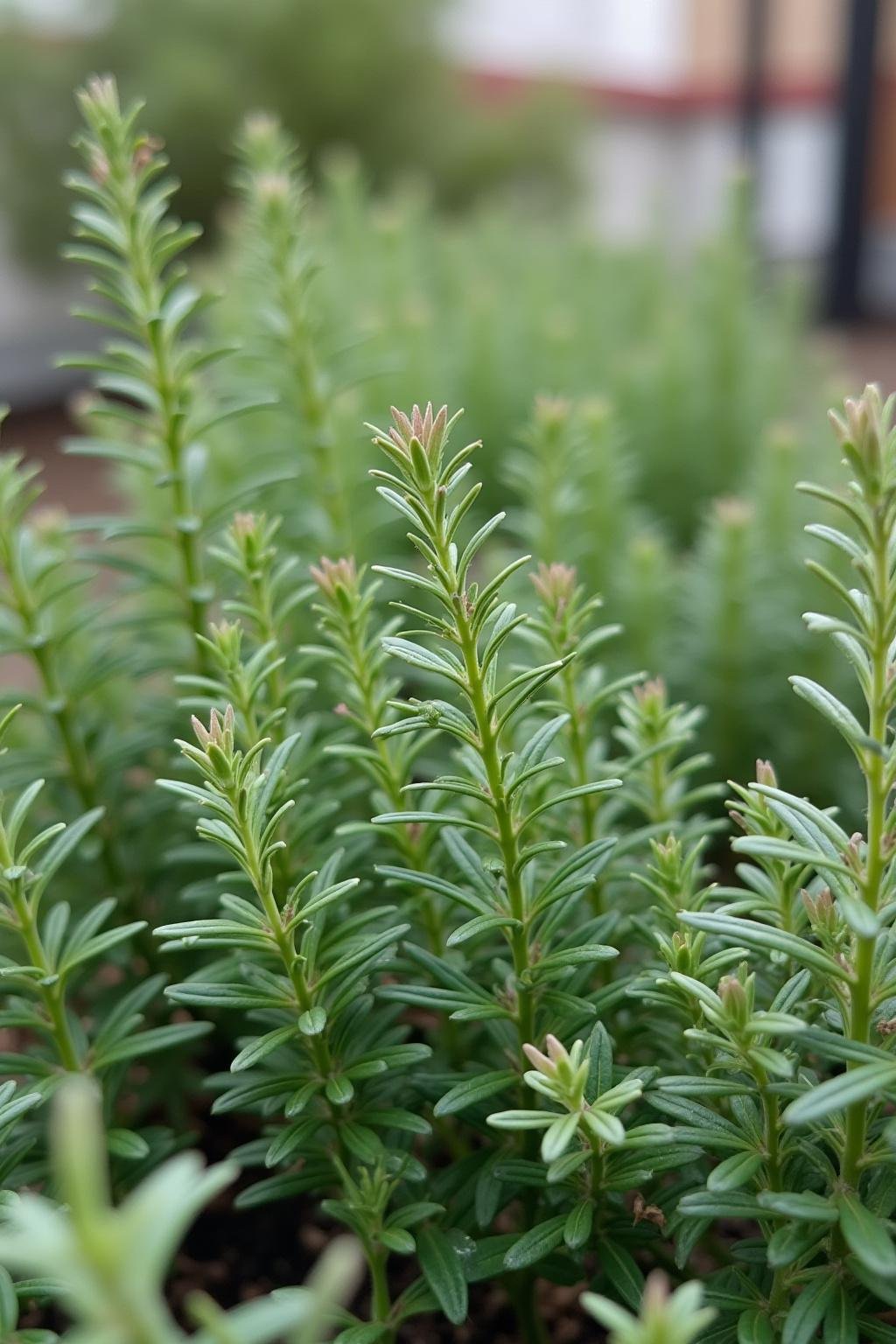 Healthy rosemary and thyme herbs growing in an easy-care backyard garden