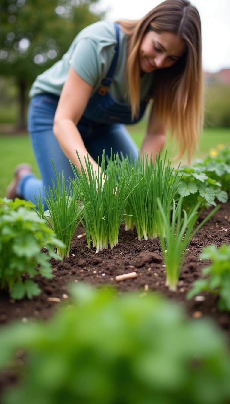 Person planting chives and cilantro in a raised herb garden for beginners
