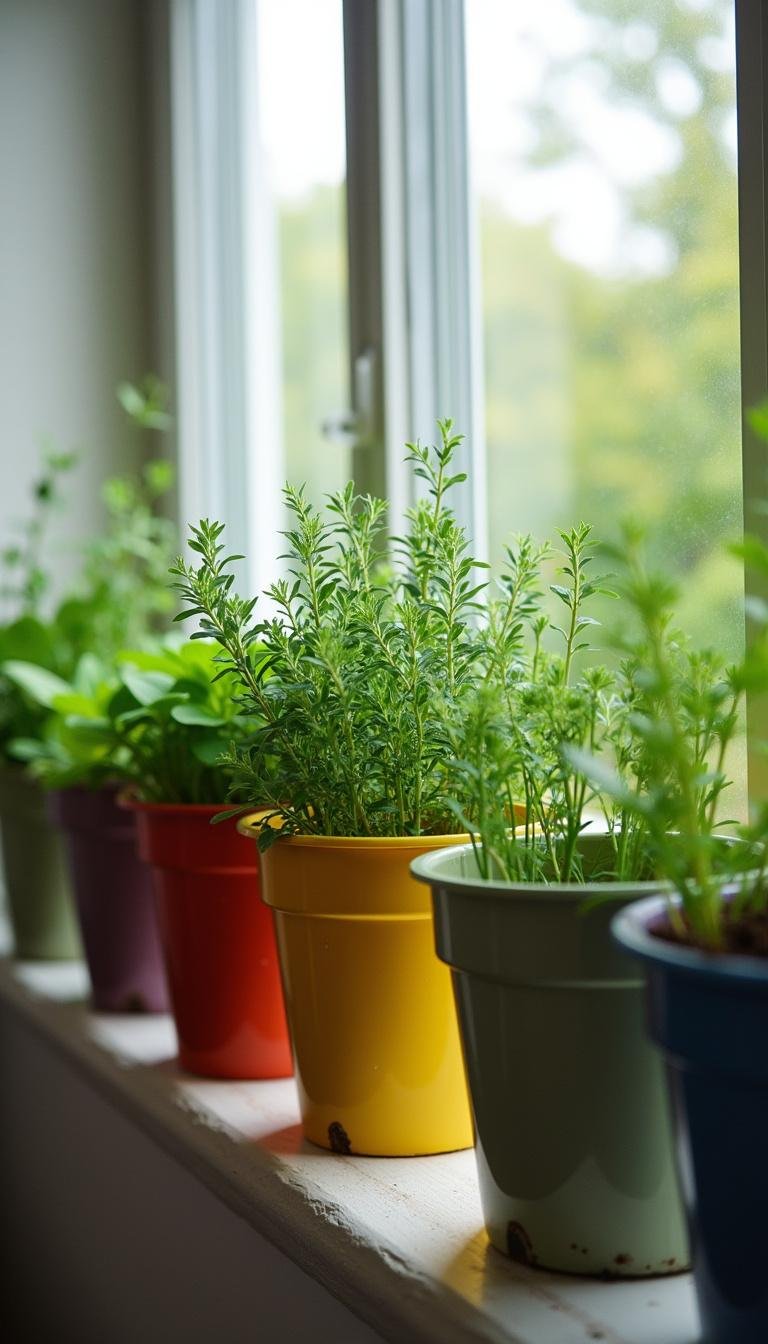 Herbs like sage, oregano, and dill in colorful containers on windowsill for beginner gardening