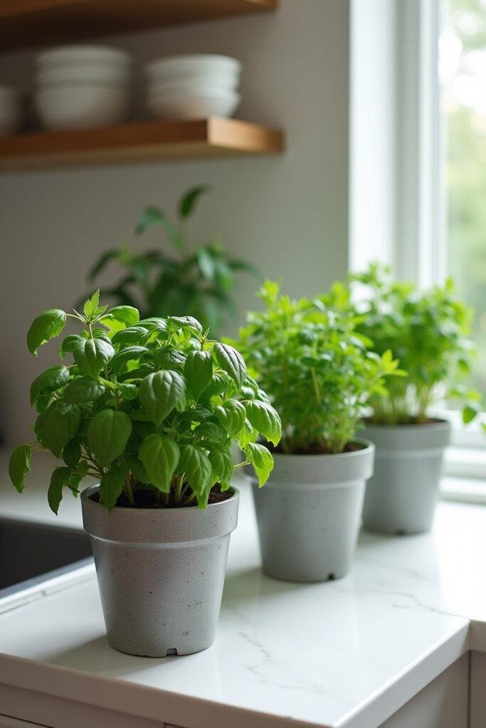 Modern countertop herb garden with basil, mint, and parsley in small pots on a kitchen counter