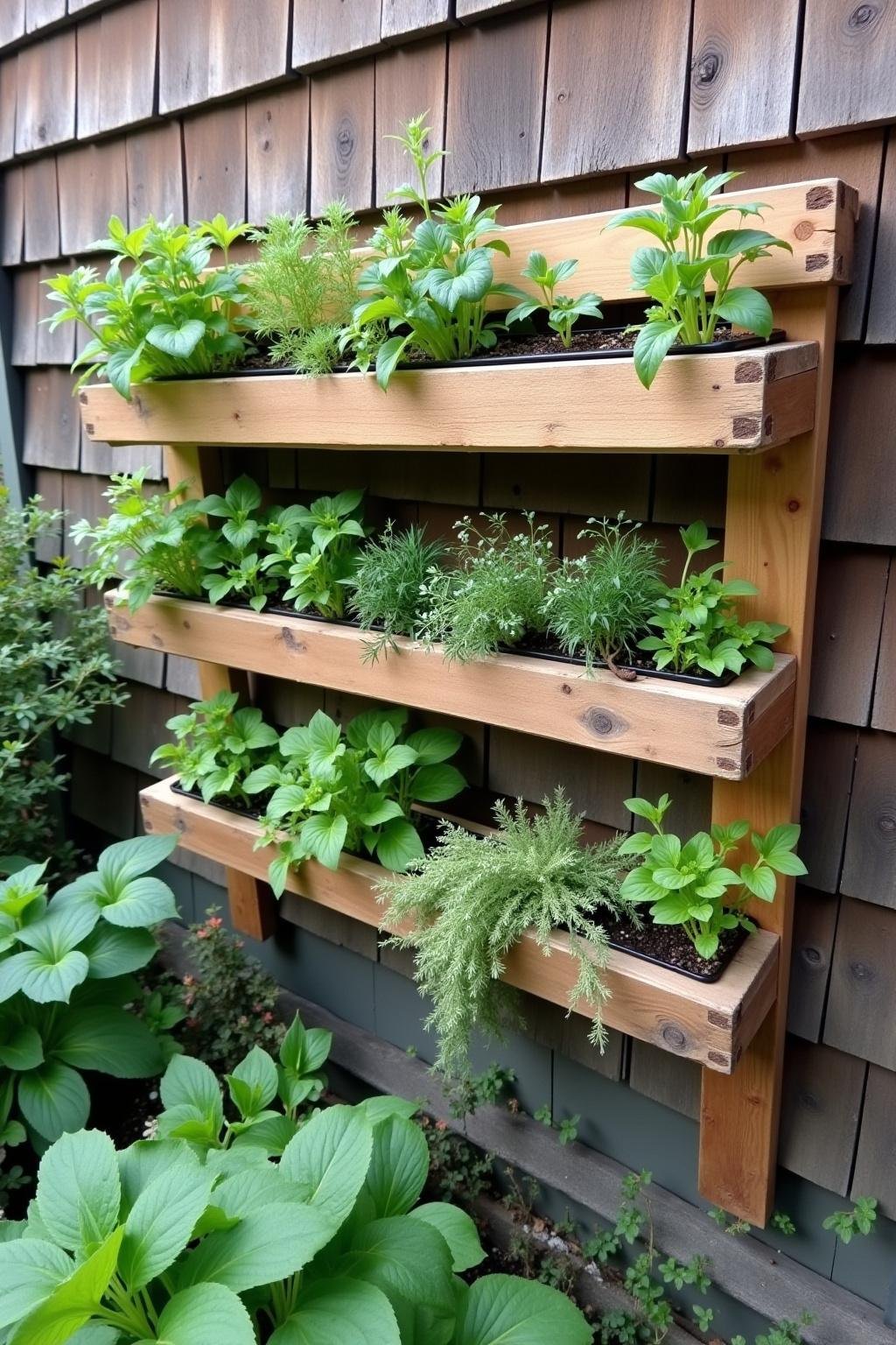 Vertical herb garden made from recycled wooden pallets mounted on a wall with thriving herbs