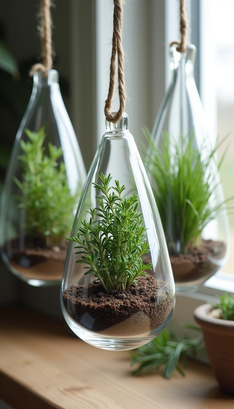 Indoor herb garden with hanging glass terrariums containing rosemary, thyme, and chives