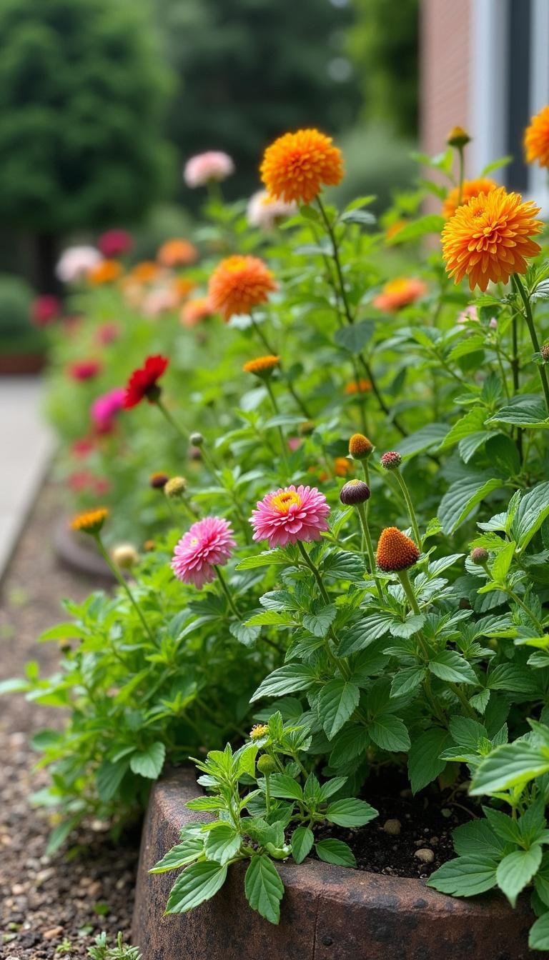 Decorative flower bed integrated with colorful flowers and lush green herbs as a creative herb garden