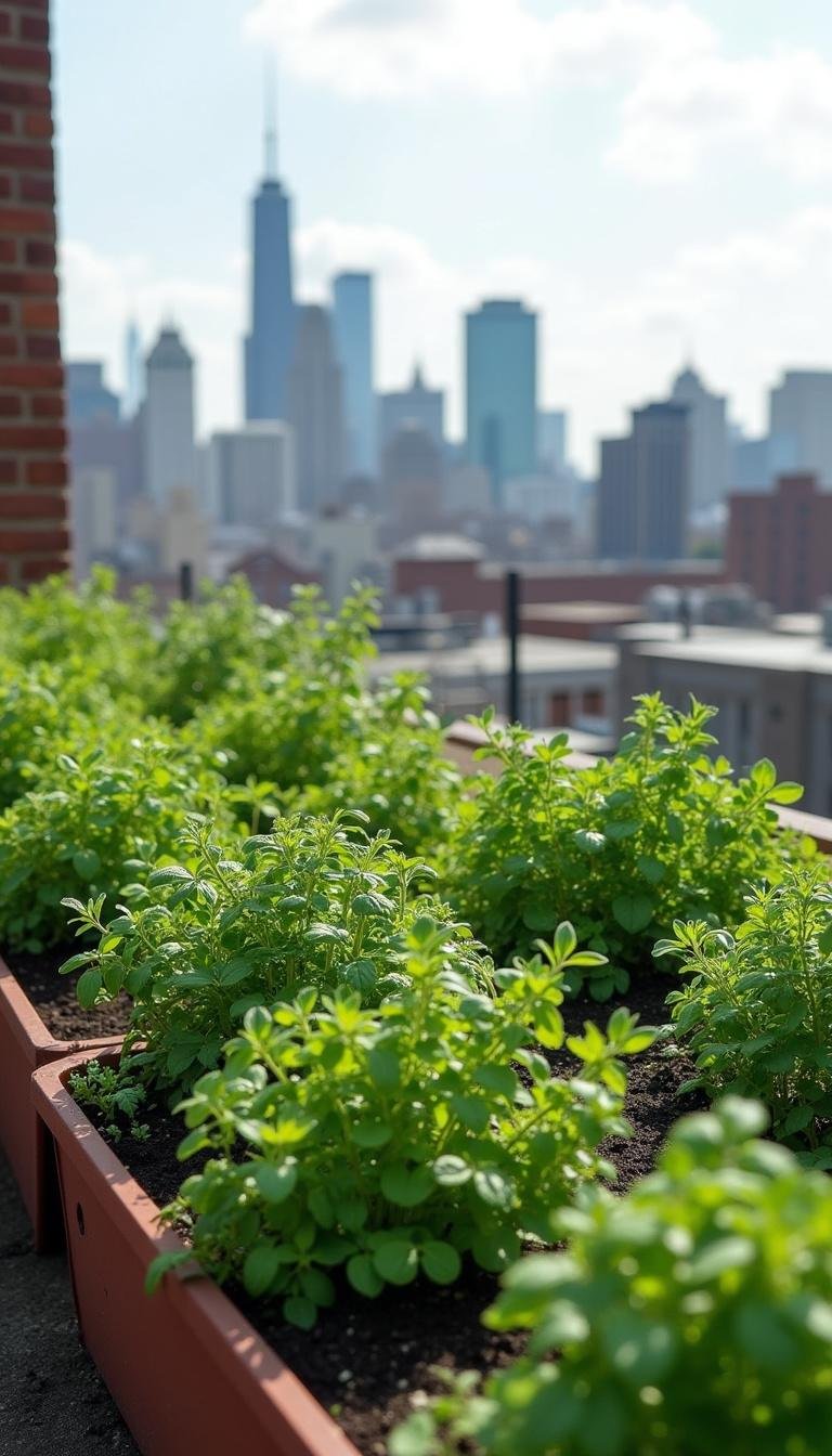 Rooftop herb garden with planter boxes of herbs overlooking a city skyline at sunset